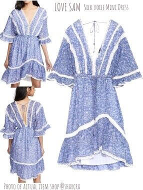 LOVE SAM Women Silk voile Mini Dress Dream Floral lace Blue Hi Low Boho Dress S